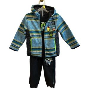 Marvel Avengers 3 Piece Set Striped Zip Up Jacket, T-Shirt, and Sweatpants 3T